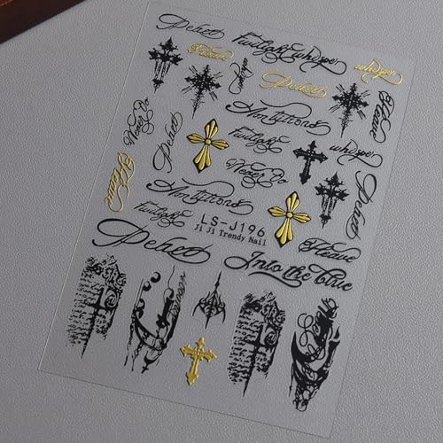 Gothic Cross Nail Stickers Black and Gold Self-Adhesive Decals 4 Sheets