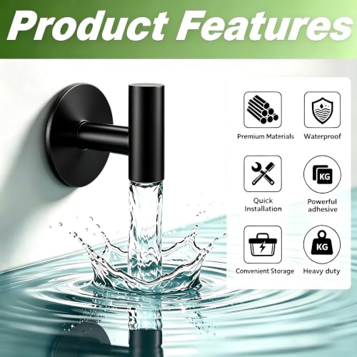 Heavy Duty Self-Adhesive Coat Hooks - Stainless Steel Wall Hooks (2 Pack, Black)