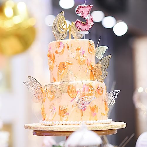 Pink Butterfly Number Candle 3 - 2.7 Inch Glitter Cake Topper