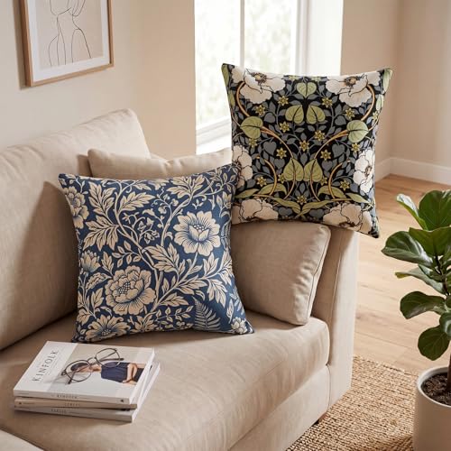 William Morris Floral Pillow Covers Set of 4 - 18x18 Inch Vintage Botanical Design