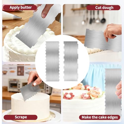Stainless Steel Cake Scraper 2 Pack - 8.7 Inch Double Sided Stripe Comb