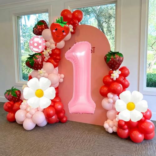 Corabsar Strawberry Balloons Set for First Birthday Party – 7 pcs, Pink & Red Berry Theme, Reusable Foil Decor, Variation 1