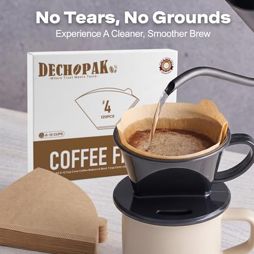 DechoPak 120 Count #4 Coffee Filters 8-12 Cup Unbleached Cone - Extra Strong & Durable