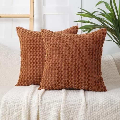 Rust Corduroy Throw Pillow Covers 18x18, Set of 2 Fall Boho Decor