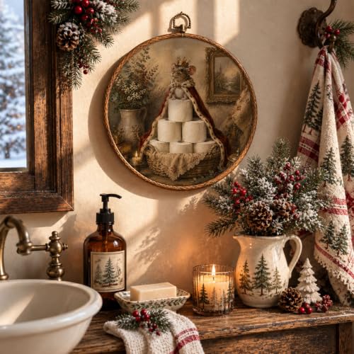 Christmas Mouse Wall Art - 10x10 Inch Round Framed Bathroom Decor - ChenCraty Variation