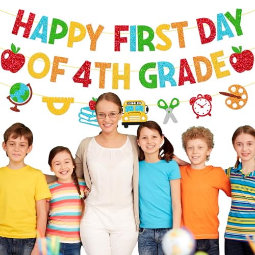Happy First Day of 4th Grade Banner - Colorful Back-to-School Decor