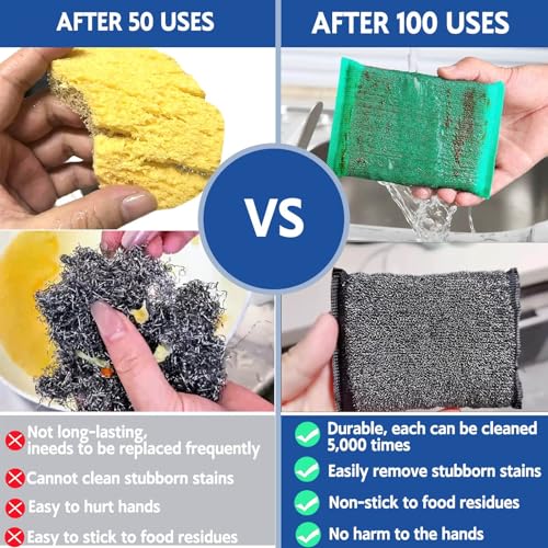 Heavy Duty Steel Wool Scrubber Sponges - Black Kitchen Cleaning (6 Pack)