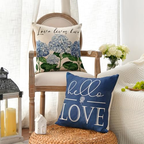 Hello Love Blue Hydrangea Throw Pillow Covers - Set of 4, 18x18
