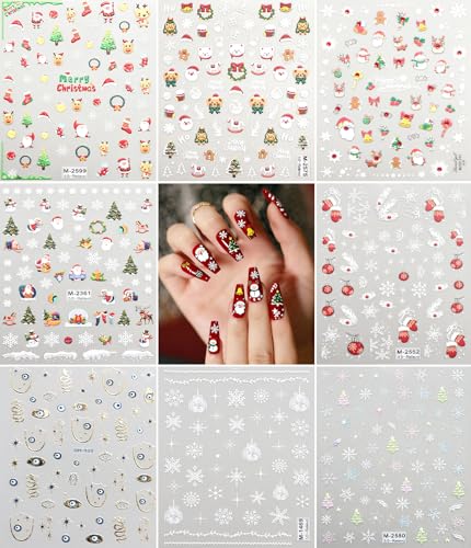 5D Christmas Nail Art Stickers Self-Adhesive Xmas Decals 8 Sheets