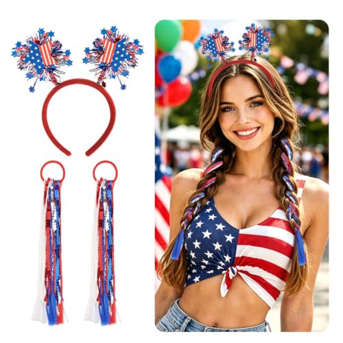 Uintoon 4th of July Patriotic Headband & Sequin Tassel Hair Ties Set