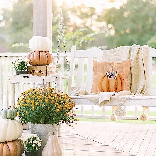 Farmhouse Fall Throw Pillow Covers Set of 4 - 18x18 Inch Pumpkin Design