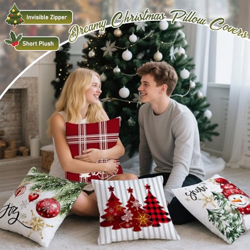 Artmag Christmas Pillow Covers Set of 4 - 18x18 Inch Buffalo Plaid Snowman & Tree