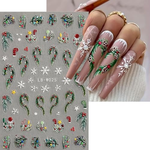 Christmas Nail Art Stickers 3D Embossed Winter Holiday Decals 4 Sheets