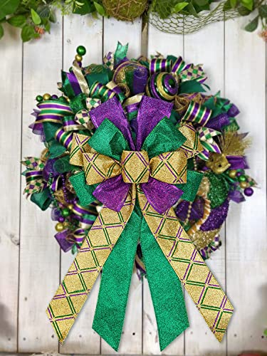 Large Mardi Gras Wreath Bow - Purple Green Glitter Plaid Carnival Decor