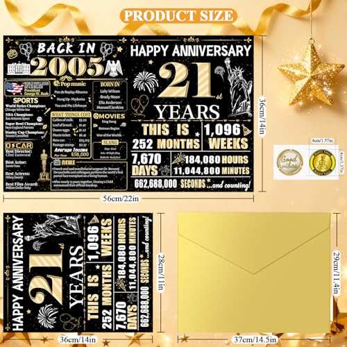 VivaGem 21st Anniversary Jumbo Card with Envelope, Giant 14x22 Inch Retro Black and Gold Signatures Keepsake Gift for Wife Husband