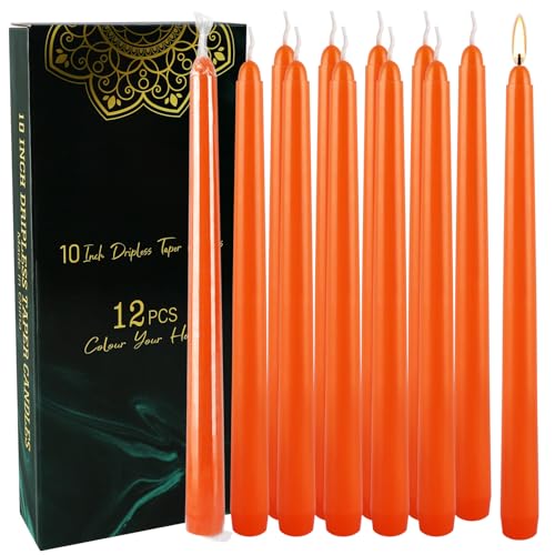 10-Inch Orange Taper Candles - 12 Pack, Unscented & Dripless for Events