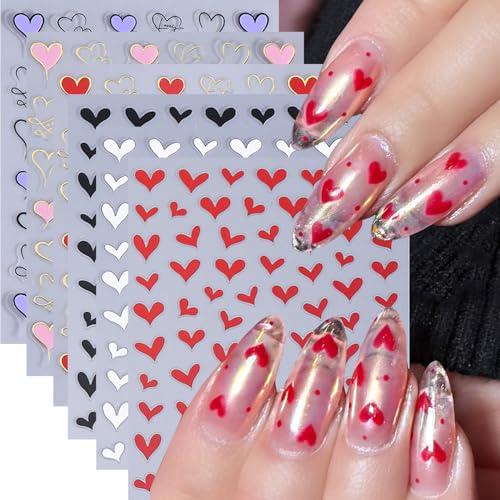 Valentine Heart Nail Art Stickers - 6 Sheets 3D Self-Adhesive Decals