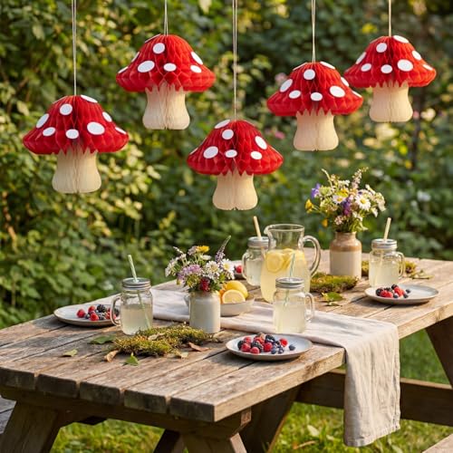 6 Pcs Red Mushroom Honeycomb Centerpieces for Parties