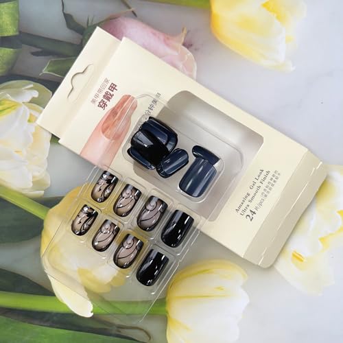 OHWODA Short Square Press on Nails Black Vine Glossy False Nails 24Pcs