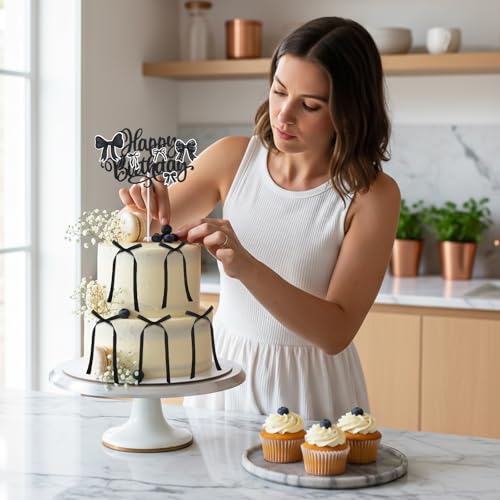 7 Black Bow Cake Toppers with Happy Birthday Insert for Parties