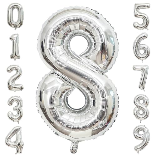 PatiCool 40 Inch Silver Number 8 Foil Mylar Balloon for Birthday Party Decor