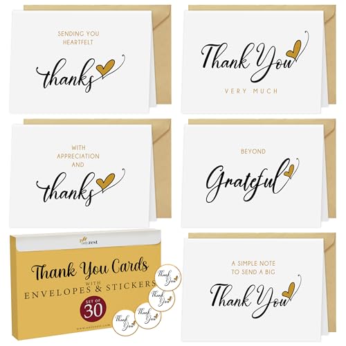 30 Elegant Thank You Cards with Envelopes & Stickers - 4 x 6
