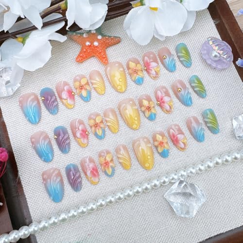 Short Almond Press On Nails 3D Flower French Tip Acrylic False Nails