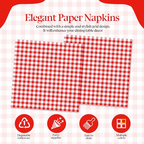Red Gingham Paper Napkins 50 Pcs Disposable Checkered Luncheon Towels for Parties