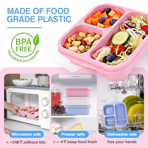 Rinwoc Bento Box 3-Pack - Reusable Snack Containers with 3 Compartments for Meal Prep & Travel