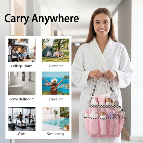 Ynaquest Mesh Shower Caddy - 9 Pocket Portable Toiletry Tote, Pink Stripe