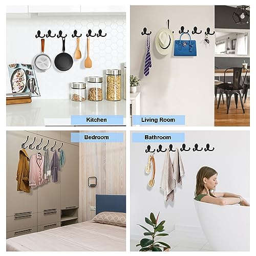 Kruodop 4 Pack Black Heavy Duty Wall Hooks for Coats & Towels - Metal Double Hanger