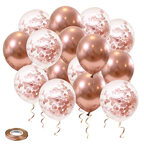 Rose Gold Metallic and Confetti Latex Balloons 50 Pack for Party Decor