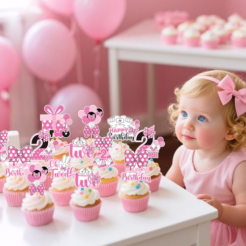 Oh Twodles Cupcake Toppers Set - 24 Pink Mouse Birthday Decorations