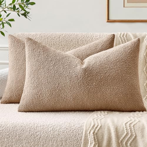 Textured Boucle Throw Pillow Covers - Set of 2, 12x20 Inch, Neutral Beige