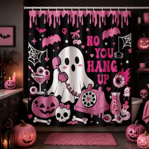 VISSTREE Halloween Pink Ghost Shower Curtain - Cute & Waterproof
