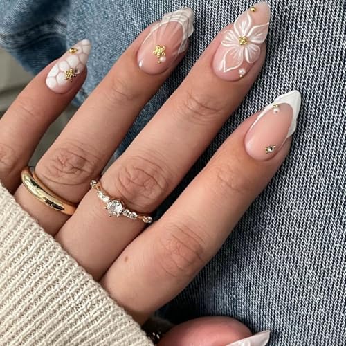 Bloazife 3D Flower French Tip Press On Nails Medium Almond False Nails
