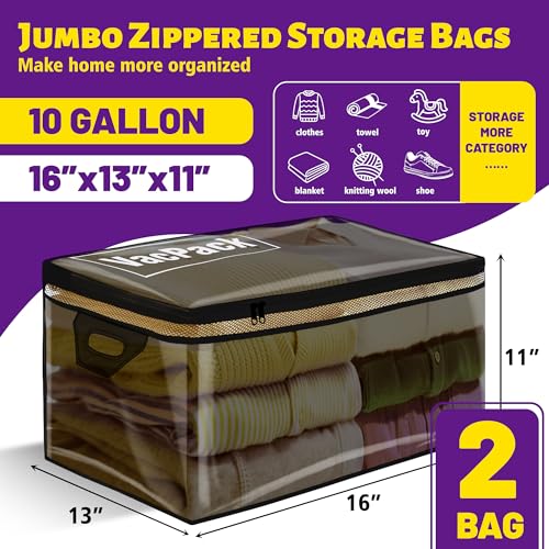 VacPack 10 Gallon Clear Storage Bags with Zipper & Handles - 2 Pack