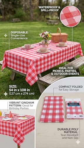 Gingham Disposable Plastic Tablecloth - 54 x 108 Inches, Red