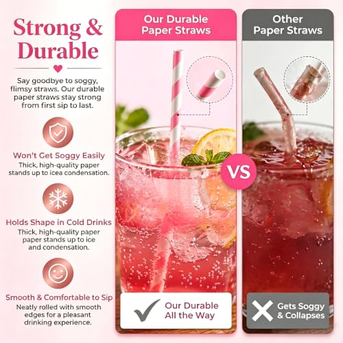 Haundry Pink Striped Paper Straws - 100 Count Biodegradable Party Straws