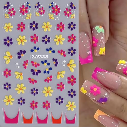 5D Embossed Flower Nail Art Stickers - Self-Adhesive Daisy & Butterfly Decals (4 Sheets)