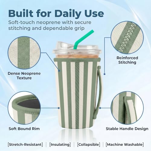 ArtSocket 3-Pack Iced Coffee Sleeves with Handle - Sage Stripes, 16oz-32oz Reusable Insulated Cup Sleeves
