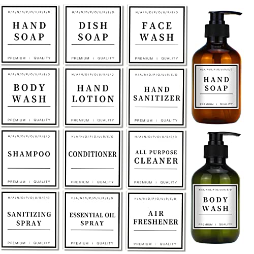 TESWEY 12PCS Waterproof Minimalist Soap Dispenser Labels for Bathroom