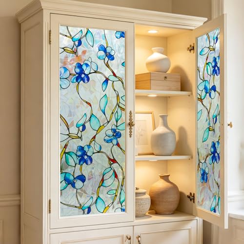Blue Vine Floral Privacy Window Film - Stained Glass Static Cling 17.5x78.7"