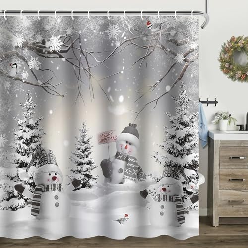 Christmas Shower Curtain Set with Snowman & Tree Design - 72x72