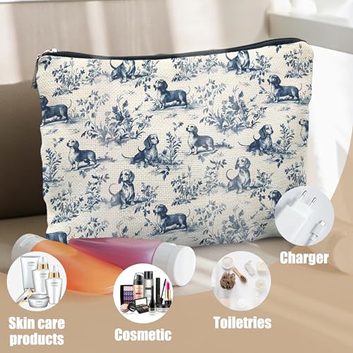 Chinoiserie Dachshund Makeup Bag Blue White Dog Canvas Toiletry Pouch