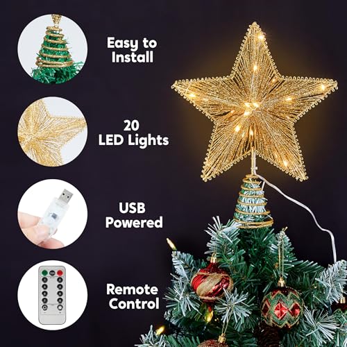 9.5-Inch Gold Christmas Tree Topper with 20 LED Warm White Lights and Remote Control