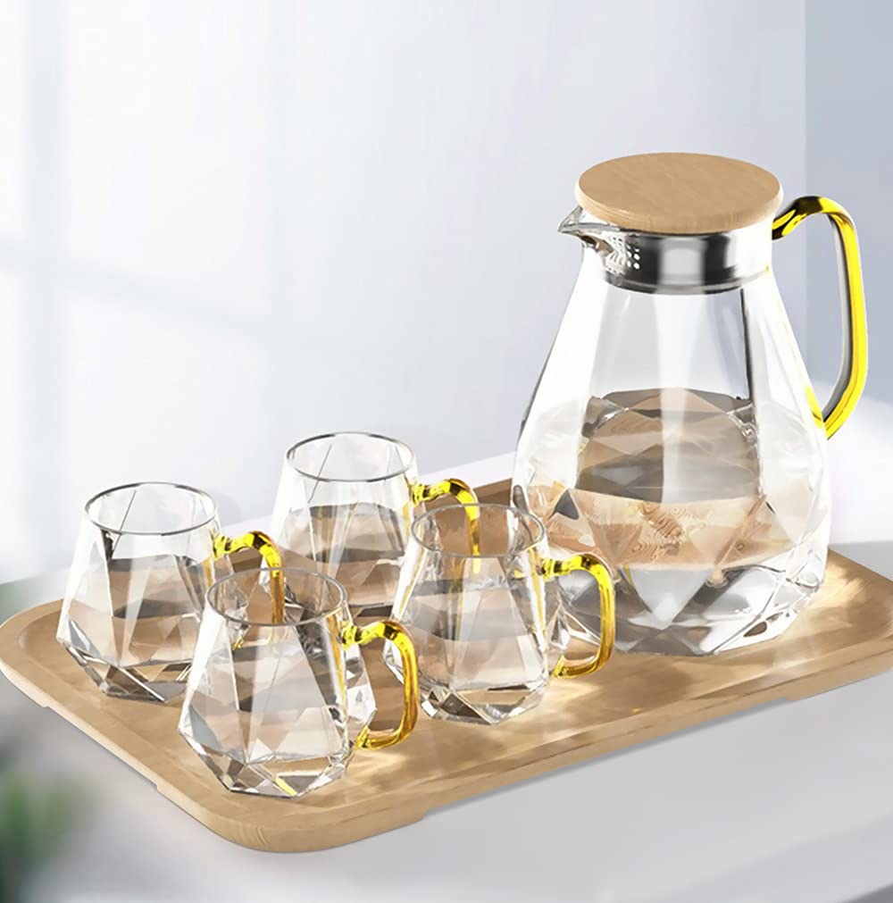 DUJUST Glass Pitcher Set (68 oz) with 4 Cups & 1 Tray, Elegant Diamond Design Water Pitcher with Handle, High Durability Glass Jug for Fridge, Glass Carafe for Iced Tea/Juice/Beverage/Coffee/Drinks