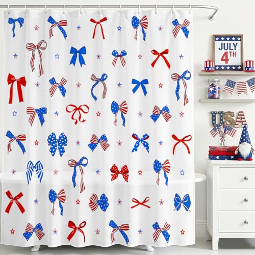 Mocsicka 4th of July Patriotic Shower Curtain, Stars and Bows, 72x72 Inch