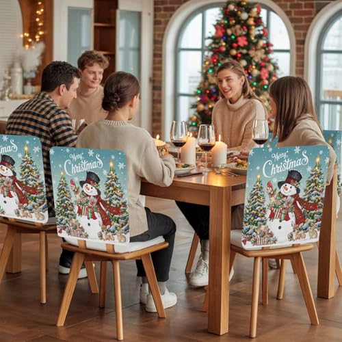 4 Pcs Teal Christmas Snowman Chair Back Covers - Winter Dining Decor