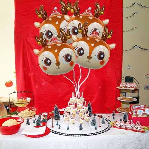 Heyiminy 4-Pack Reindeer Foil Balloons 24 Inch Deer Head Mylar Balloons for Christmas Party Decorations and Arch Kits